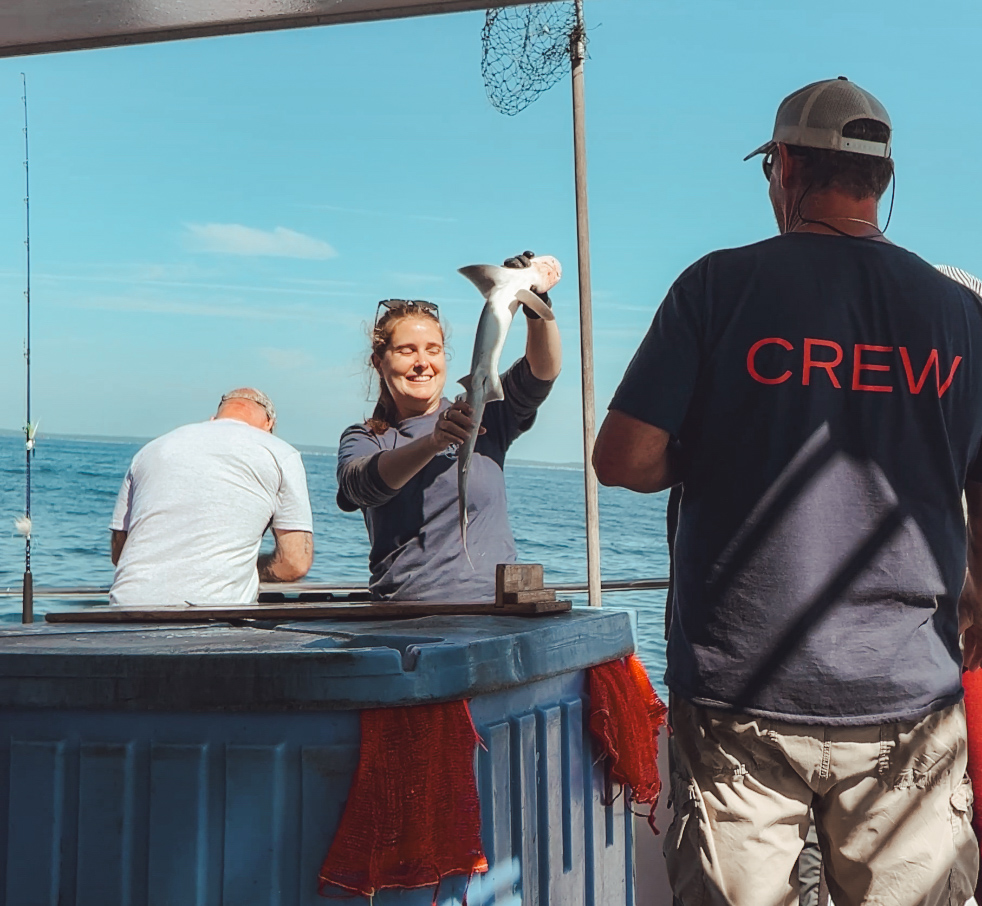 female marine scientist holding up a baby shark on a fishing boat