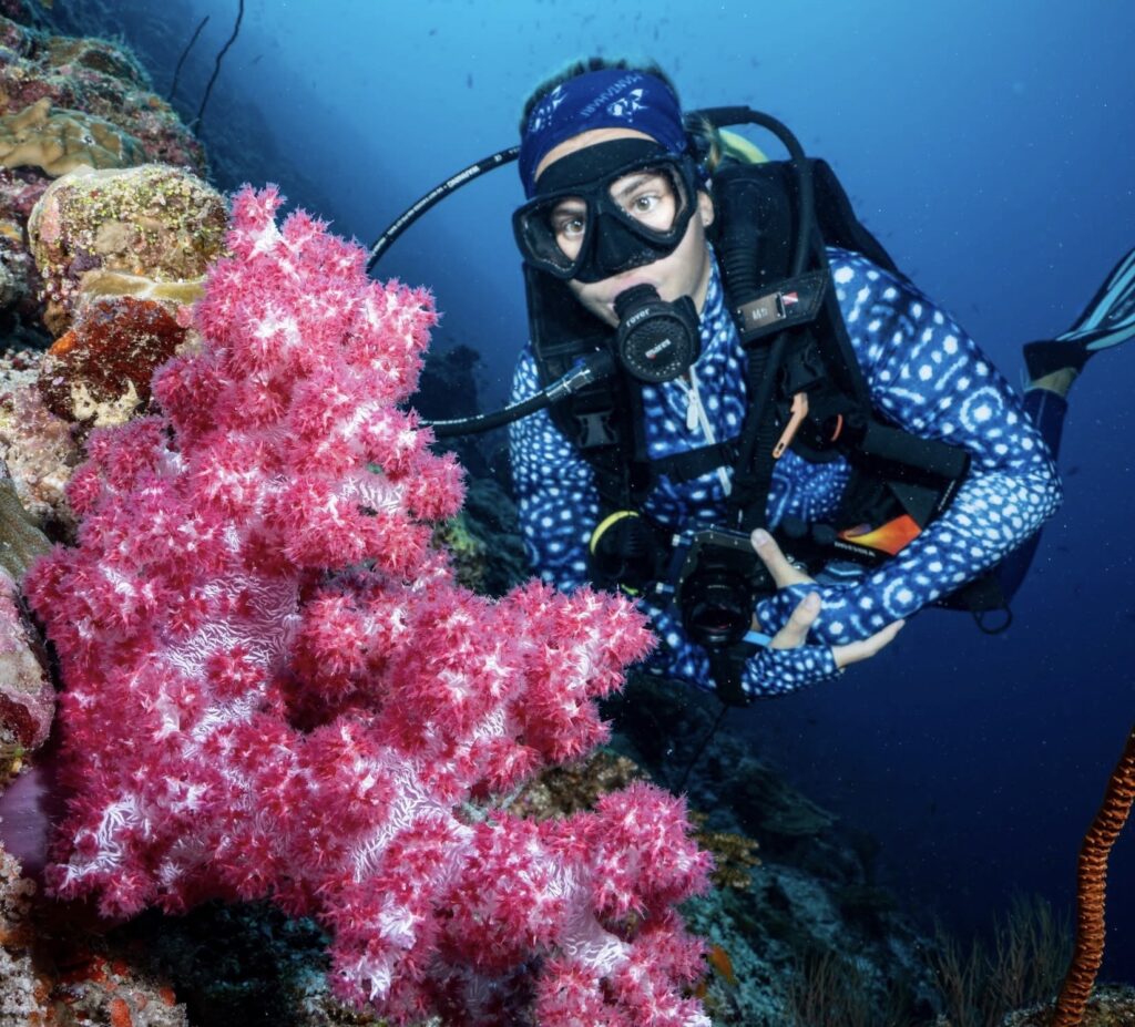 camille lasbleiz diving with soft corals in whale shark rash guard